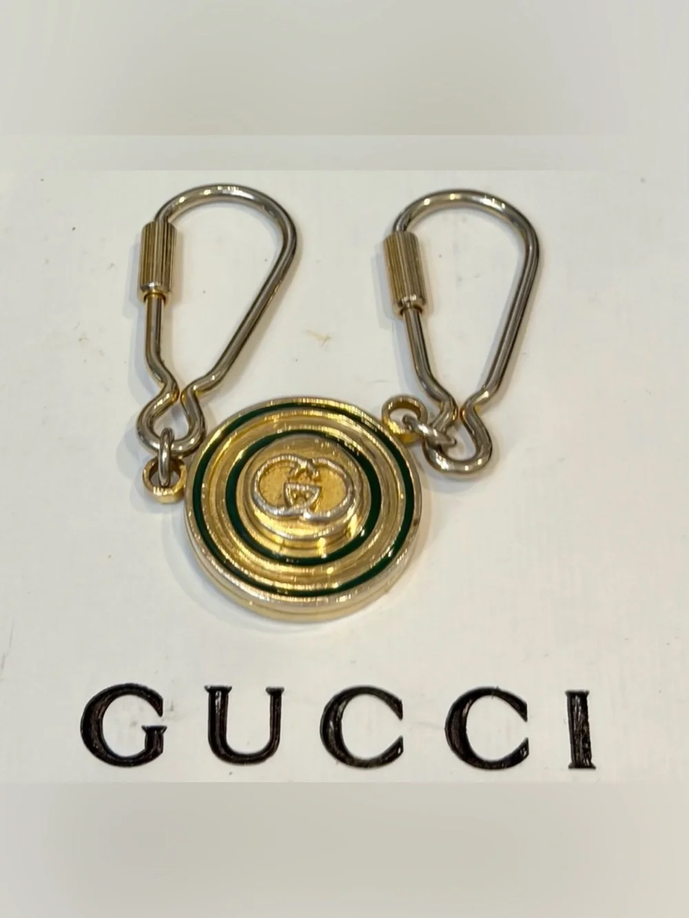 Vtg. GUCCI Horse-bit Green & Gold Round Enamel Keychain